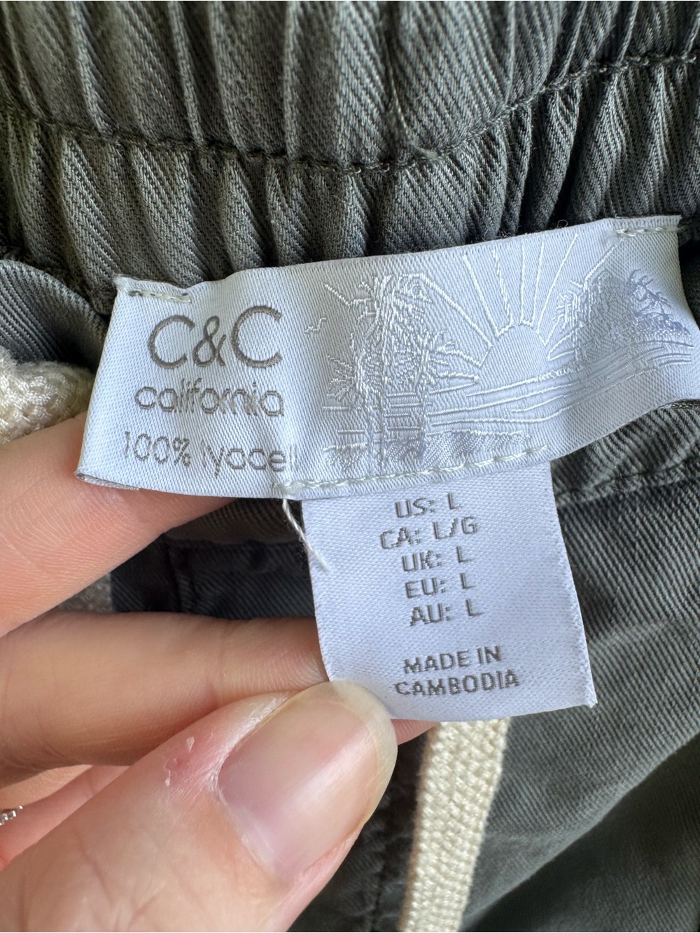C&C California Olive Gray Drawstring Wide Leg Pants Large Boho Tencel Artsy - Picture 4 of 15